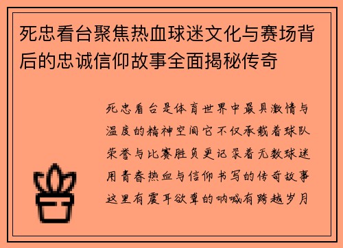 死忠看台聚焦热血球迷文化与赛场背后的忠诚信仰故事全面揭秘传奇
